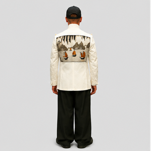 Stunning White Mandarin Collar Jacket with Asian Art Back Patch J+B Studio