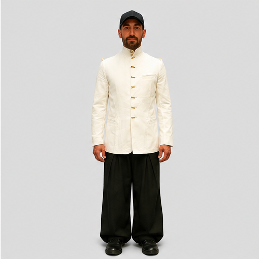 Stunning White Mandarin Collar Jacket with Asian Art Back Patch J+B Studio