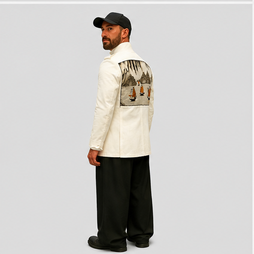 Stunning White Mandarin Collar Jacket with Asian Art Back Patch J+B Studio