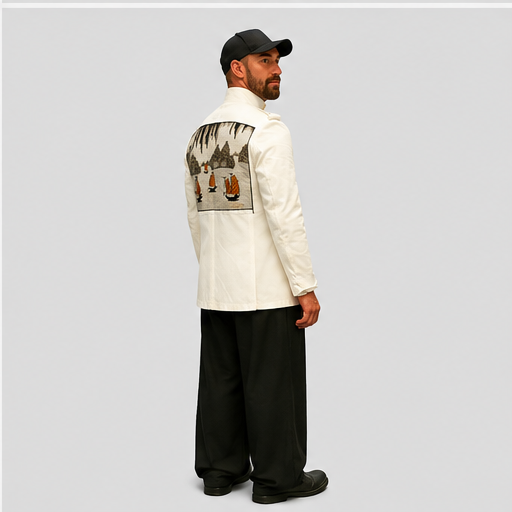 Stunning White Mandarin Collar Jacket with Asian Art Back Patch J+B Studio