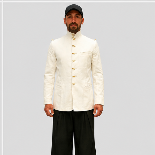 Stunning White Mandarin Collar Jacket with Asian Art Back Patch J+B Studio