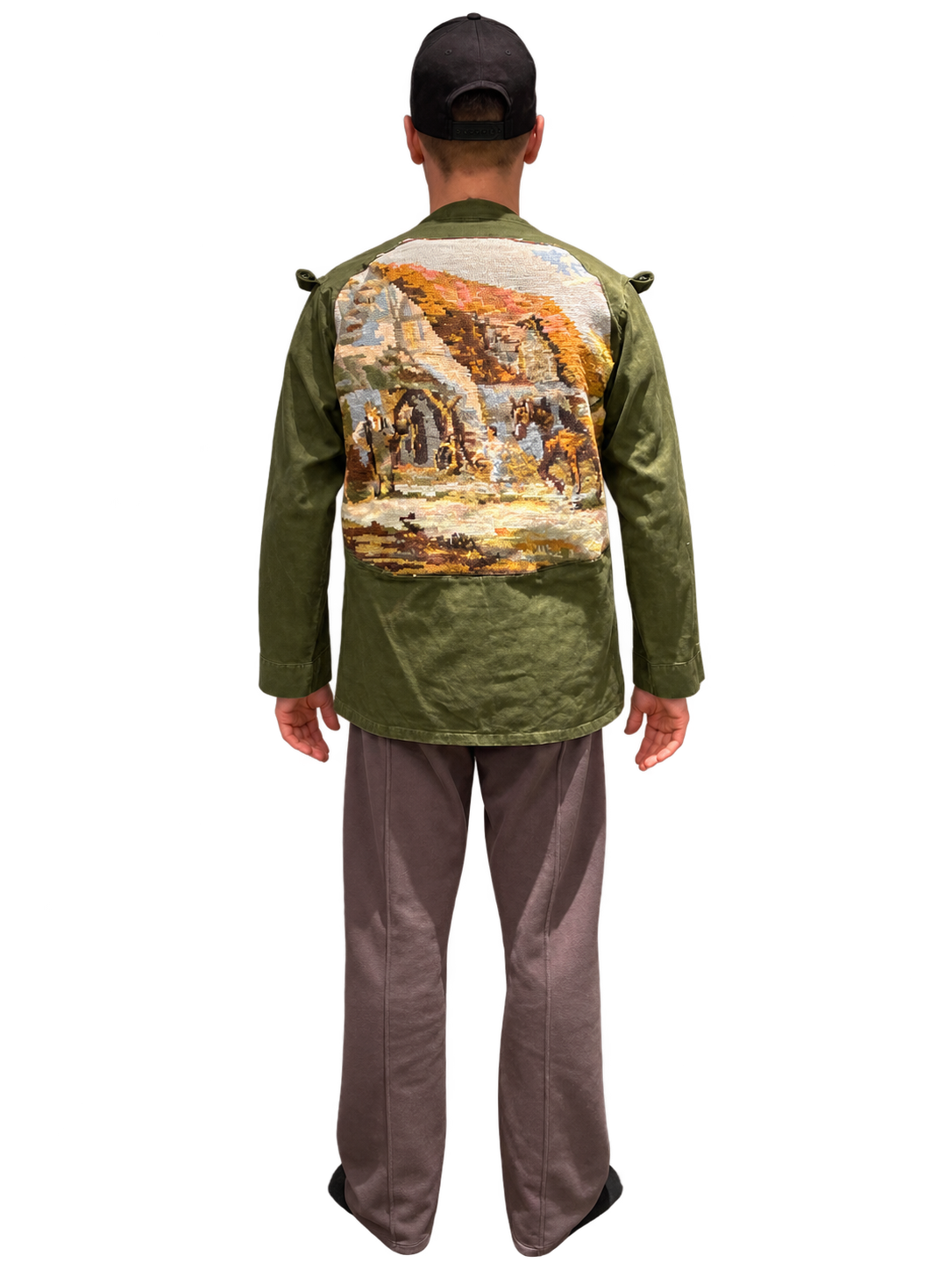 Reworked Olive Utility Jacket with Tapestry Back Panel | J+B Studio
