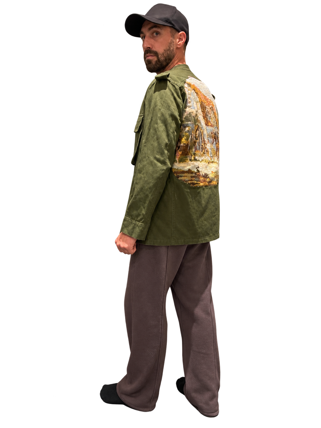 Reworked Olive Utility Jacket with Tapestry Back Panel | J+B Studio