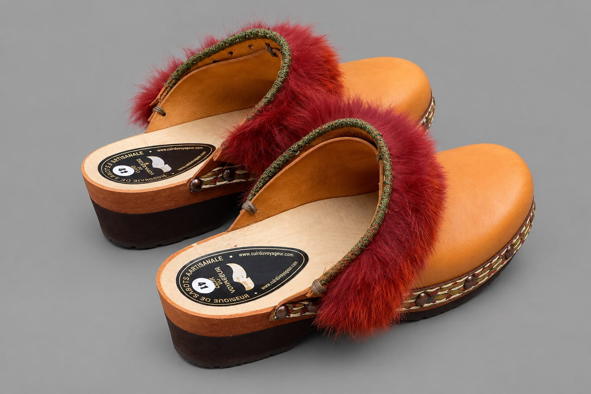 The Heritage Clog – Cognac Leather & Faux-Fur with Hand-Woven Natural-Dyed Braid Handmade by J+B Studio.