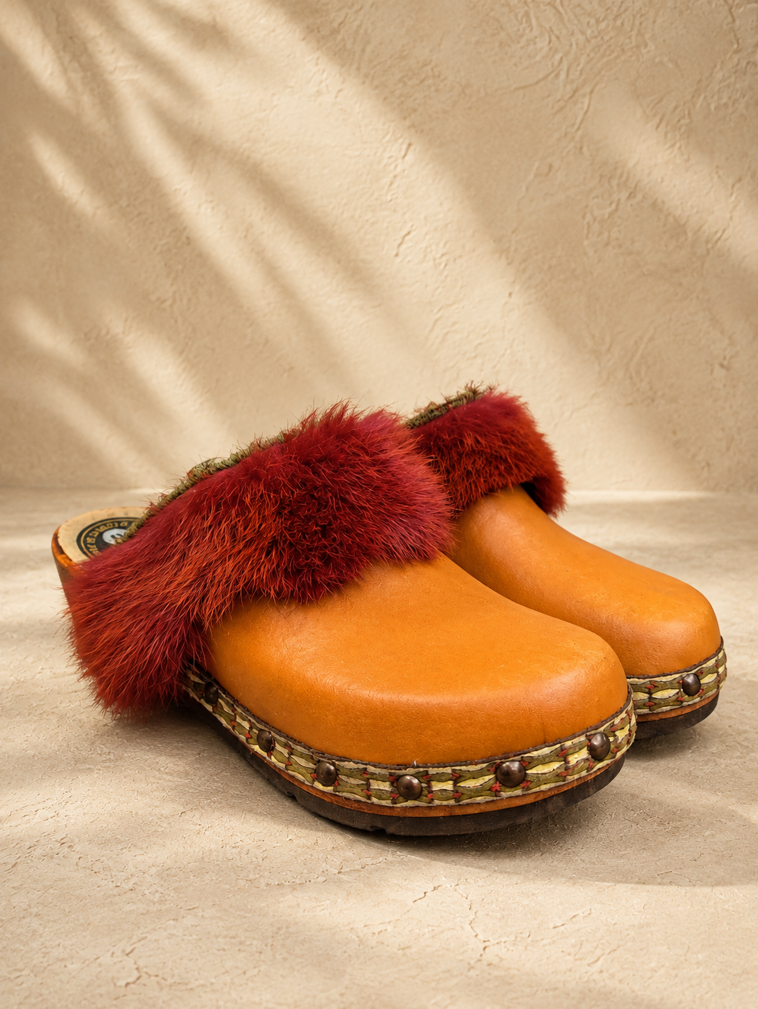 The Heritage Clog – Cognac Leather & Faux-Fur with Hand-Woven Natural-Dyed Braid Handmade by J+B Studio.