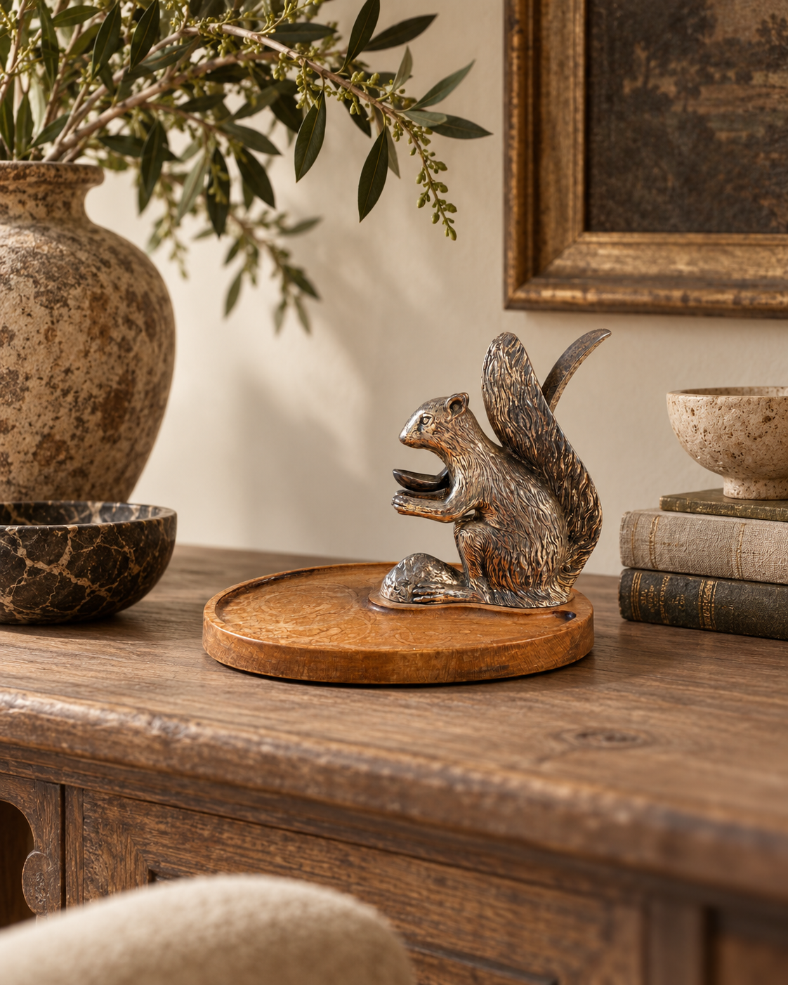 Valenti Squirrel Nutcracker & Serving Tray Oak Wood Silver plated